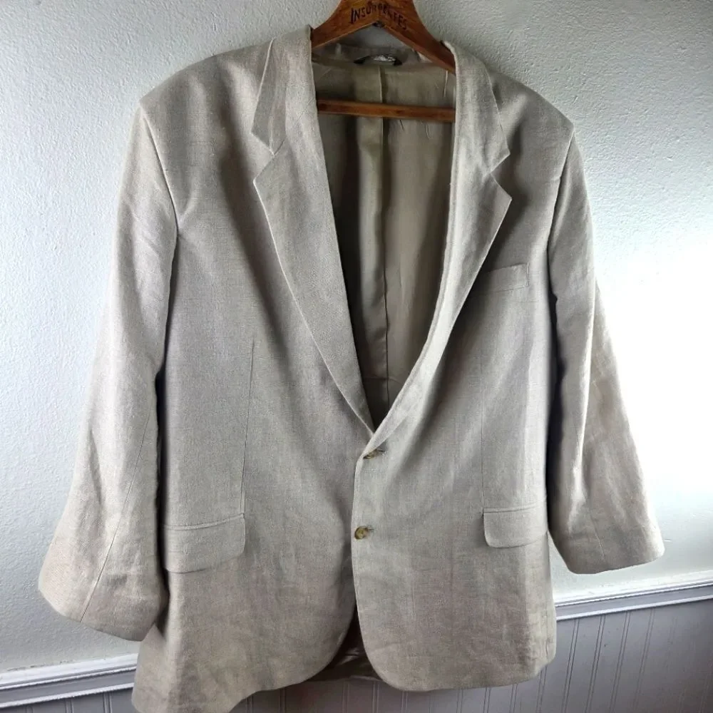 Men's Eddie Bauer 100% Belgian Linen Two Button Beige Blazer Sportscoat Size 50T